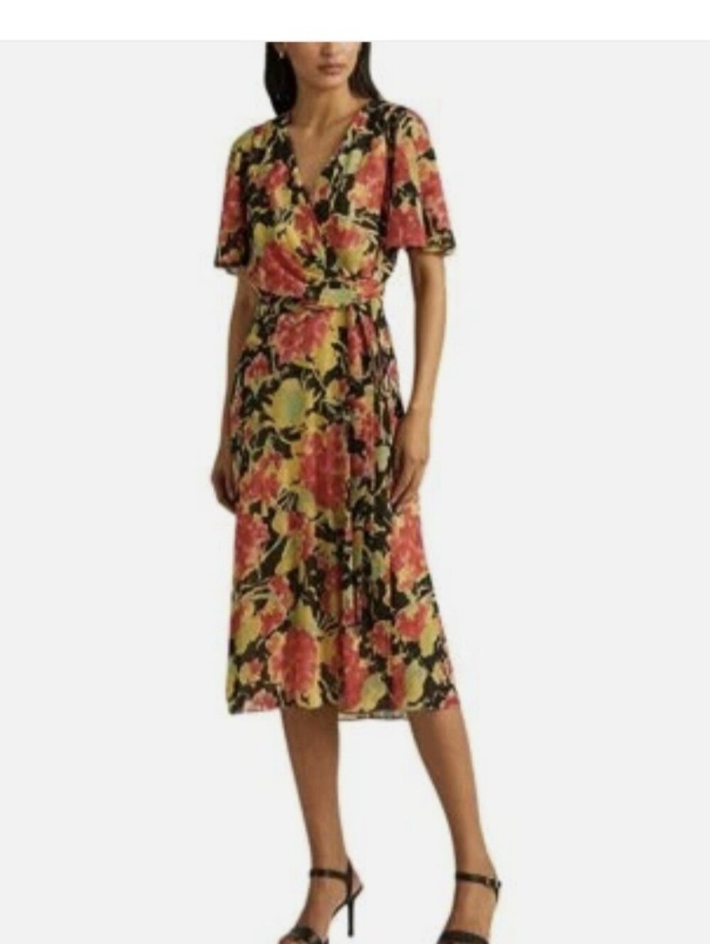 Ralph Lauren Black Floral Wrap Midi Dress with Pink Blossoms